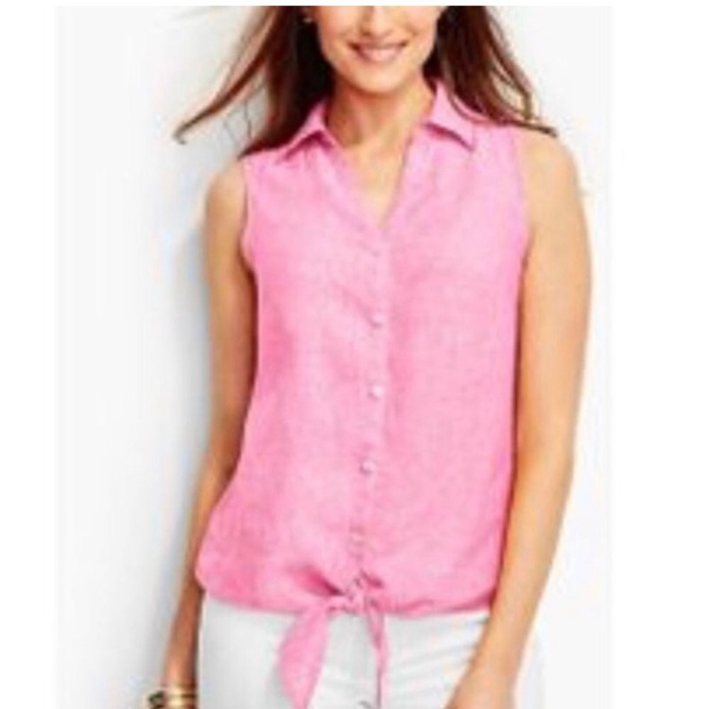 Talbots sleeveless linen front tie pink shirt 👚